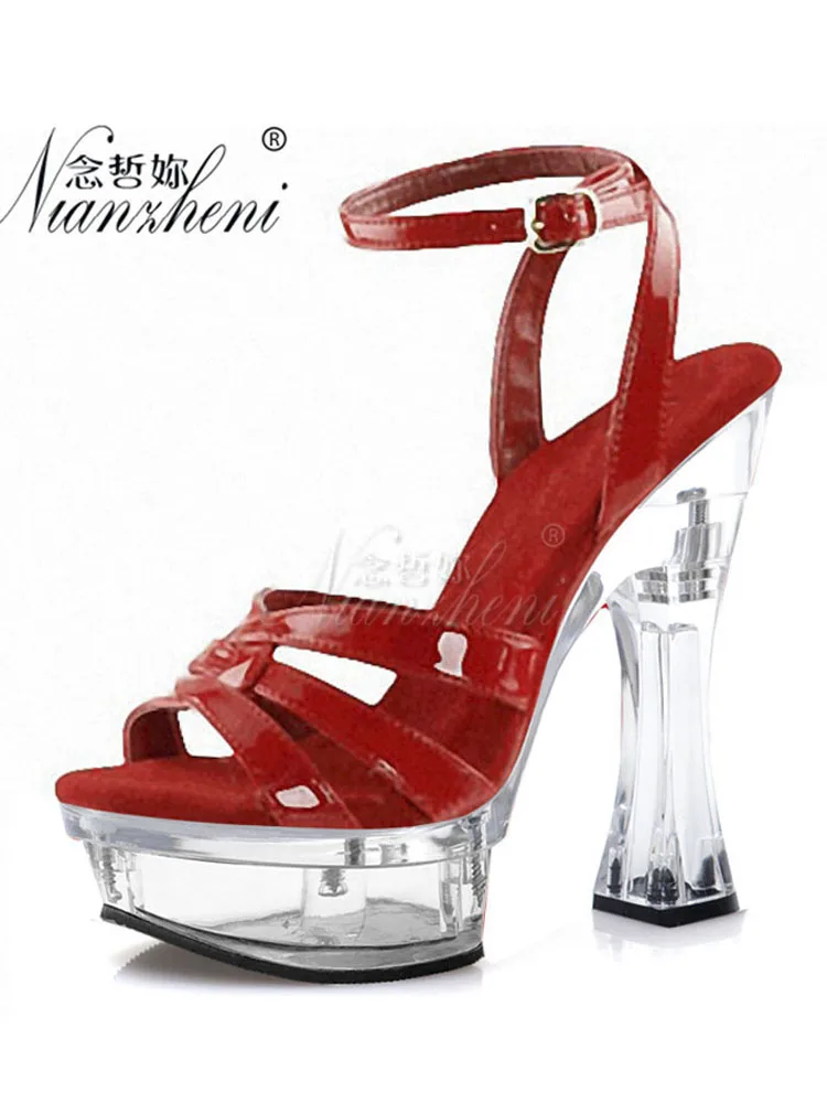 

Strip Pole Dance Sexy Dressy Sandals Shoes 14CM Rransparent Coarse Heel Red Queen Open Toe Full Dress Catwalk Gothic Bride Party
