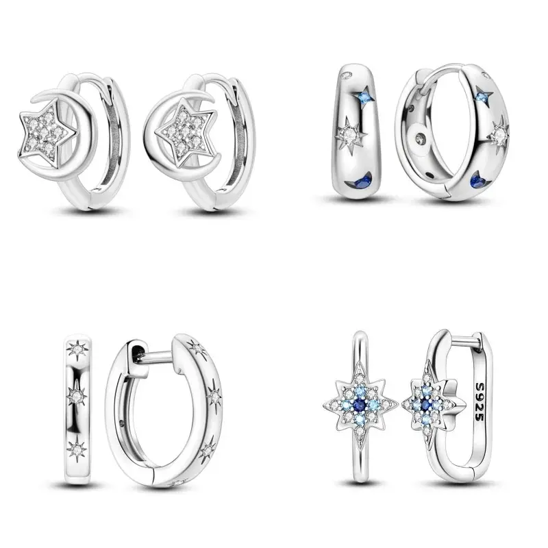 Pendientes De Aro Luna Y Estrella - Plata De Ley 925, Colgante 11.9 Mm, Regalo Para Mujeres Y Niñas