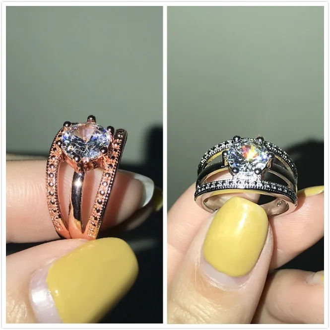 Exquisite Rose Gold Plated Crystal Zircon Wedding Rings Cocktail Party