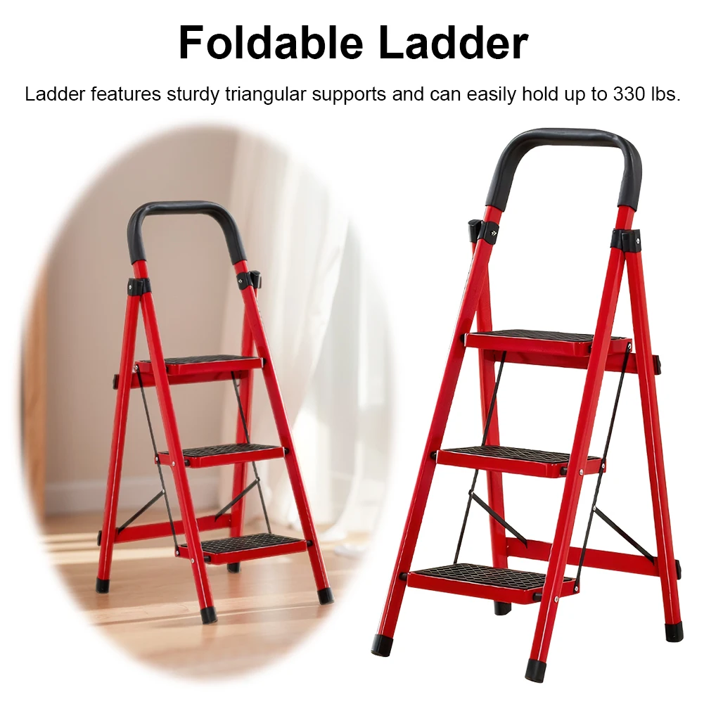 3 Step Folding Ladder Sturdy Steel Ladder House Ladder 300 Lbs Load Capacity Sturdy& Portable Household Step Stool Storage Shelf