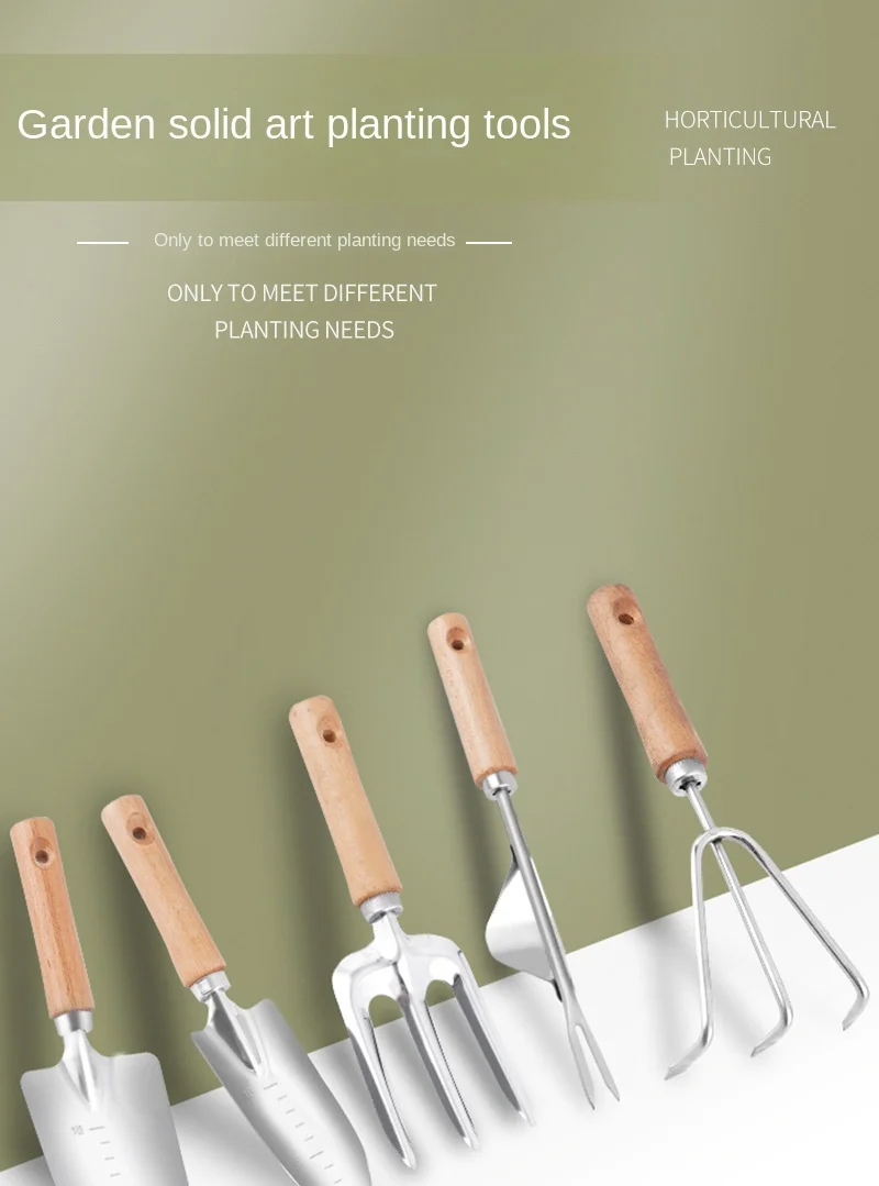 Description Picture 2 of item5 Piece Garden Shovel Rake Spade Set Wooden Handle for Flowers Potted Outdoor Planting Household Plant Garden Tool