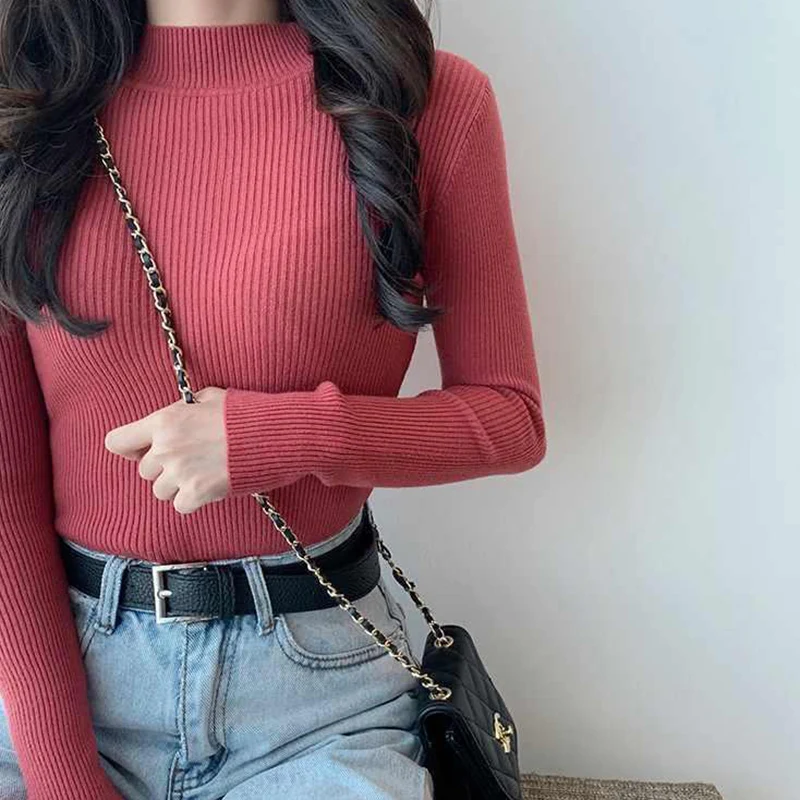 Rimocy Spring Autumn Knitted Sweaters Women 2022 Long Sleeve Basic Primer Pullovers Woman Korean Solid Color Slim-fit Pull Femme striped sweater Sweaters