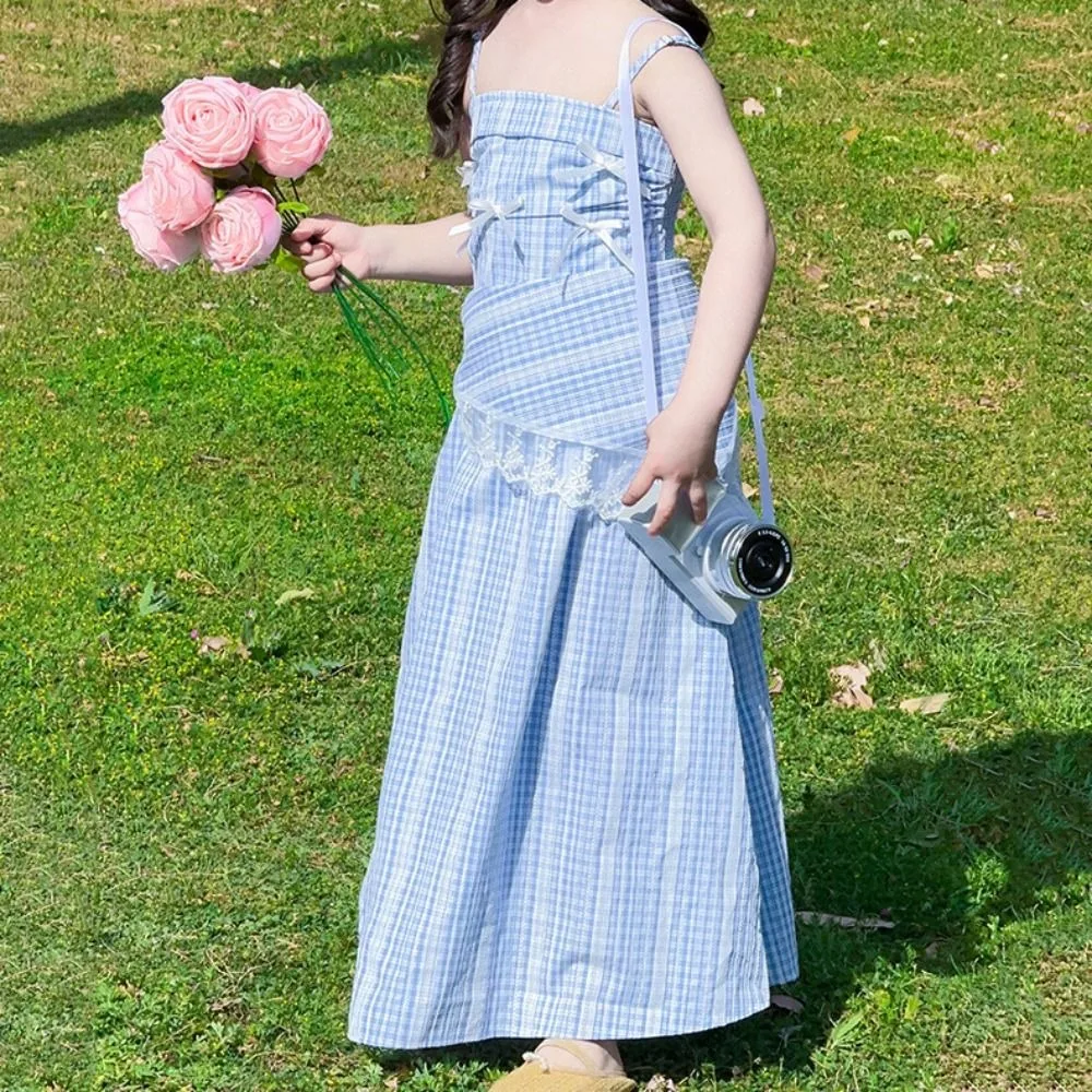Fashion Loose Girls Princess Grid Dress Teenagers Beach Vacation Summer Kids Dresses Sweet Party Children Sling Dress Students