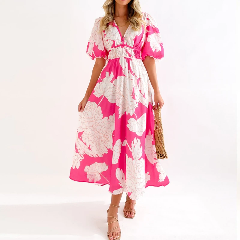 

Fashion Print Temperament Long Dress Summer Puff Sleeve High Waist A-line Party Dress New Elegant Holiday Beach Boho Sexy Dress