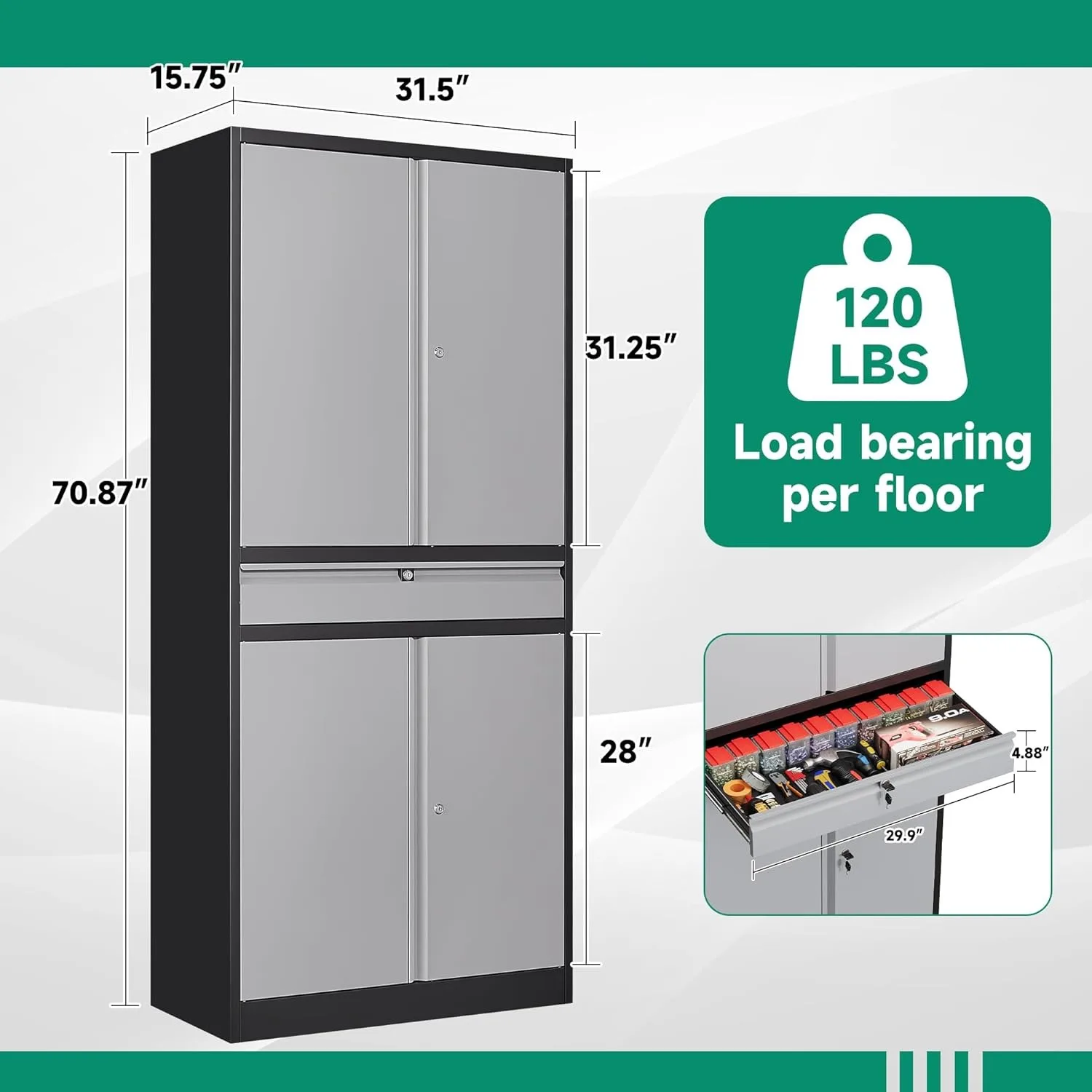 Metal Garage Storage Cabinet w/Drawer,4 Door Tool Cabinet w/Lock-2 Adjustable Shelves for Garage Home Office (Black & Gray) 3