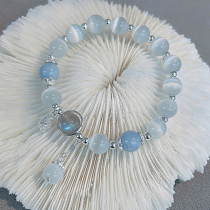 Pulsera de cristal de ópalo azul marino para niña y mujer, brazalete elástico de lujo ligero, accesorios de joyería