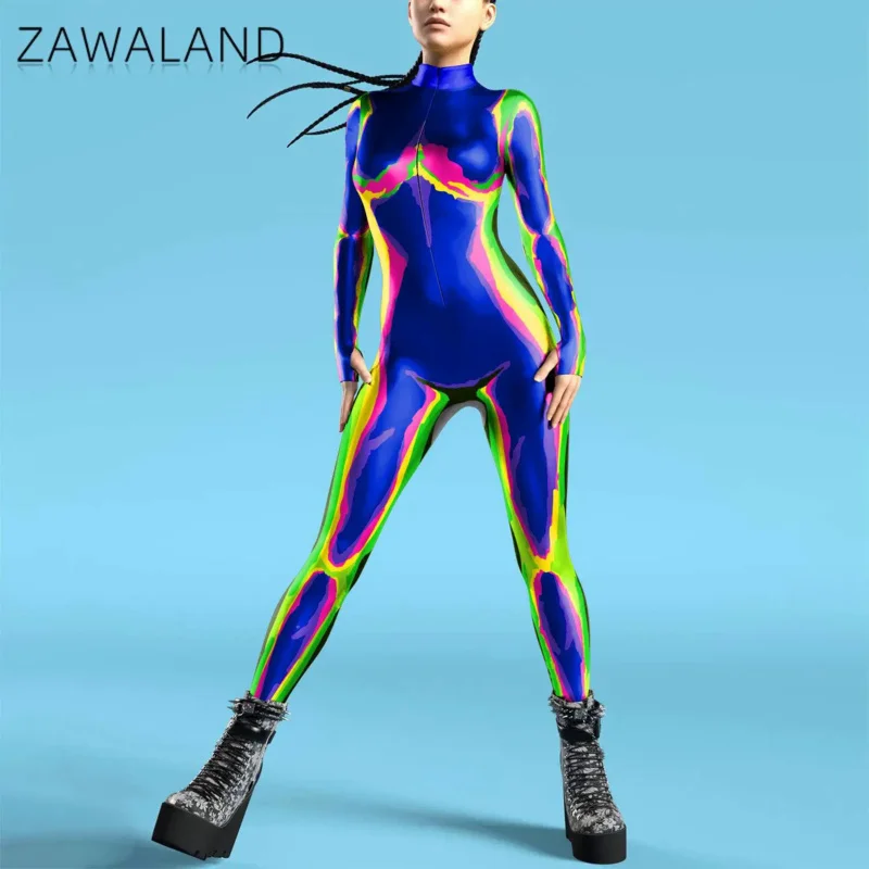 

Women Zipper Adult Jumpsuit Clothing Colorful Texture 3D Print Zentai Bodysuit Thumb Sleeves Cosplay Costume Halloween Outfit