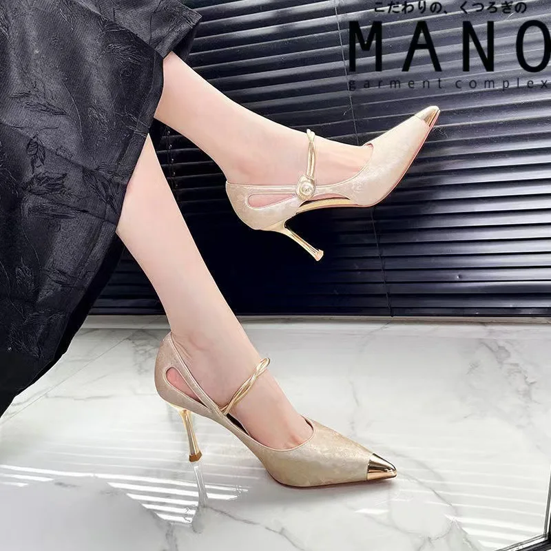 Summer High Heels Women Sandals Fashion Metal Pointed Stiletto Heel Shallow Single Shoes Elegant Ladies Party Dress Shoes