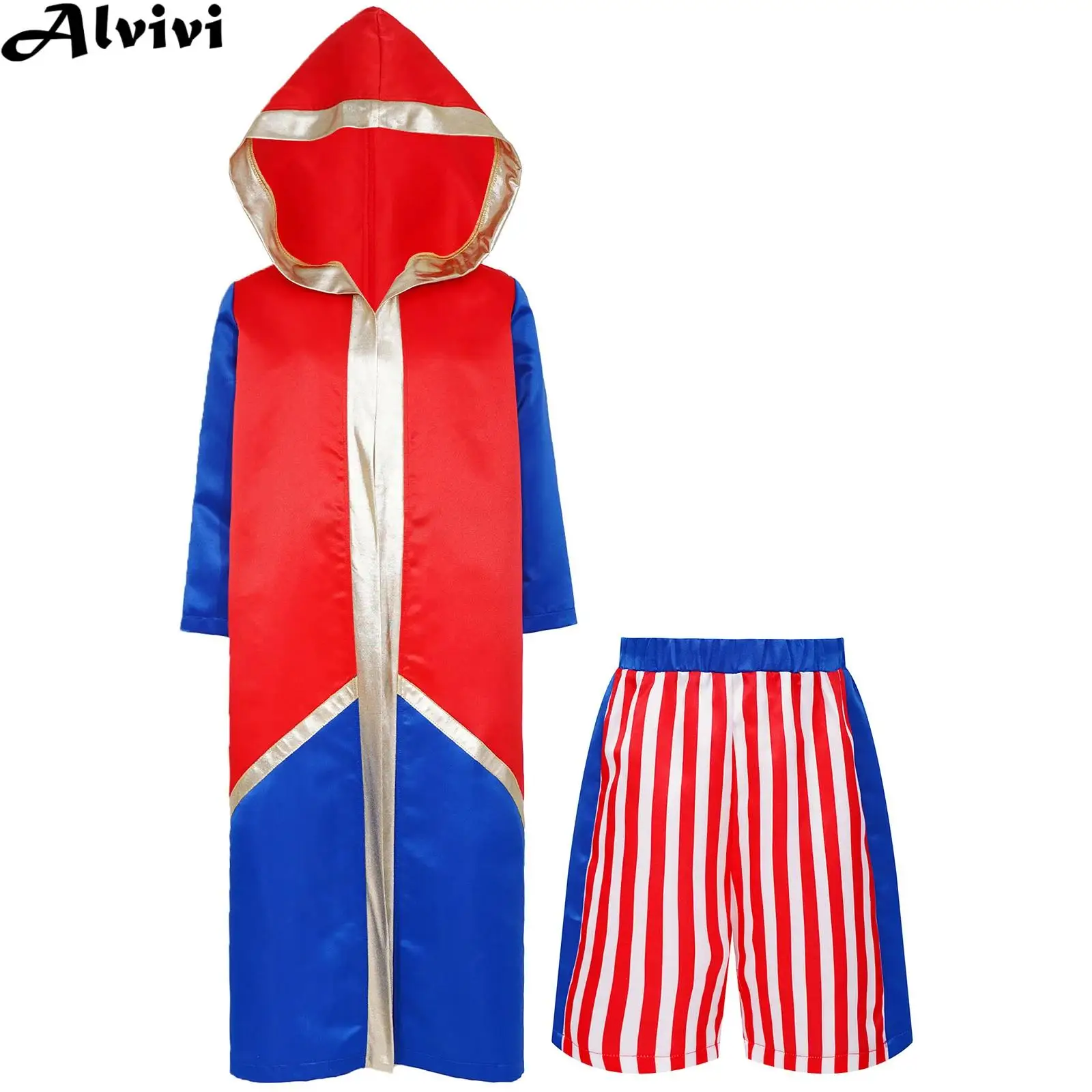Kids Boys Boxing Training Outfit Halloween Theme Party Boxer Cosplay Costume Long Sleeve Open Front Hooded Robe with Shorts