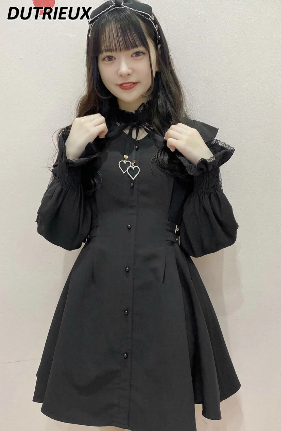 

Japanese Rijita Dress Women Female Lolita Sweet Lace Love Pendant Bow Mass Production Mine Series Slim Waist Black Midi Dress
