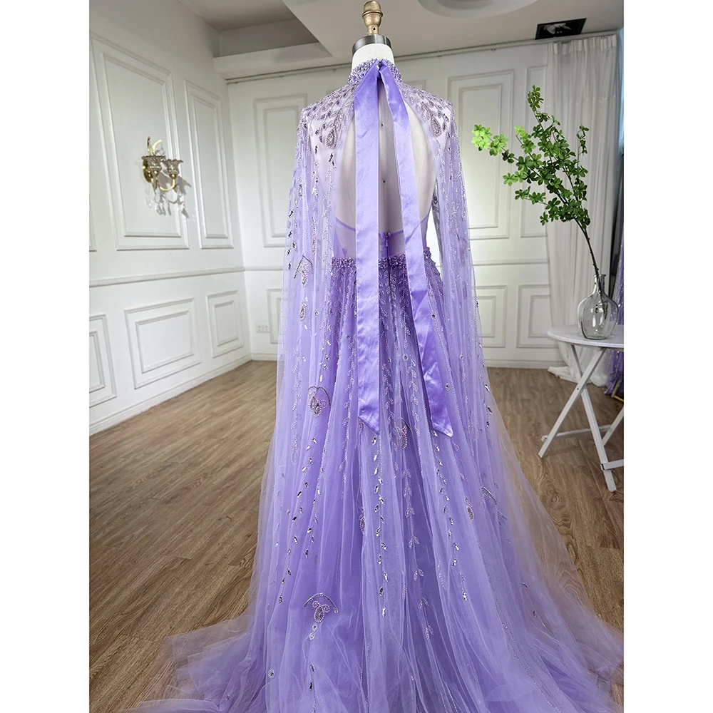 Serene Hill Dubai Arabic Luxury Nude A Line Beaded Evening Dresses With Cape Sleeves Gowns For Women  Wedding Party 2023 LA71803