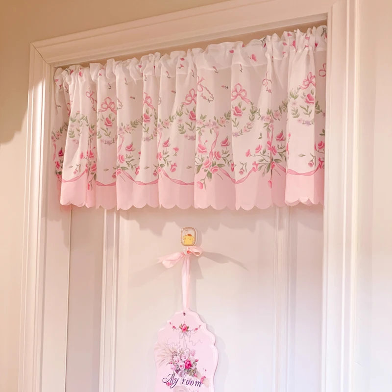 French Retro Short Curtain Bow Floral Pink Gauze Livingroom Bedroom