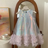 Robe d'été en coton pour filles, nouvelle collection, style coréen, avec nœud scintillant, jupe de princesse décontractée et simple pour les fêtes quotidiennes 5