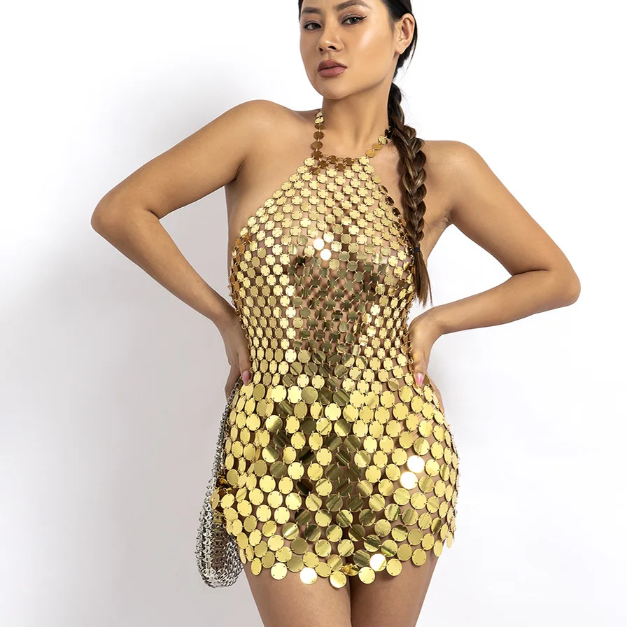 

Nightclub Shiny Gold Silver Sequin Sexy Halter Backless Mini Dress Body Jewelry Chain Club Party Rave Outfit Pole Dance Costume