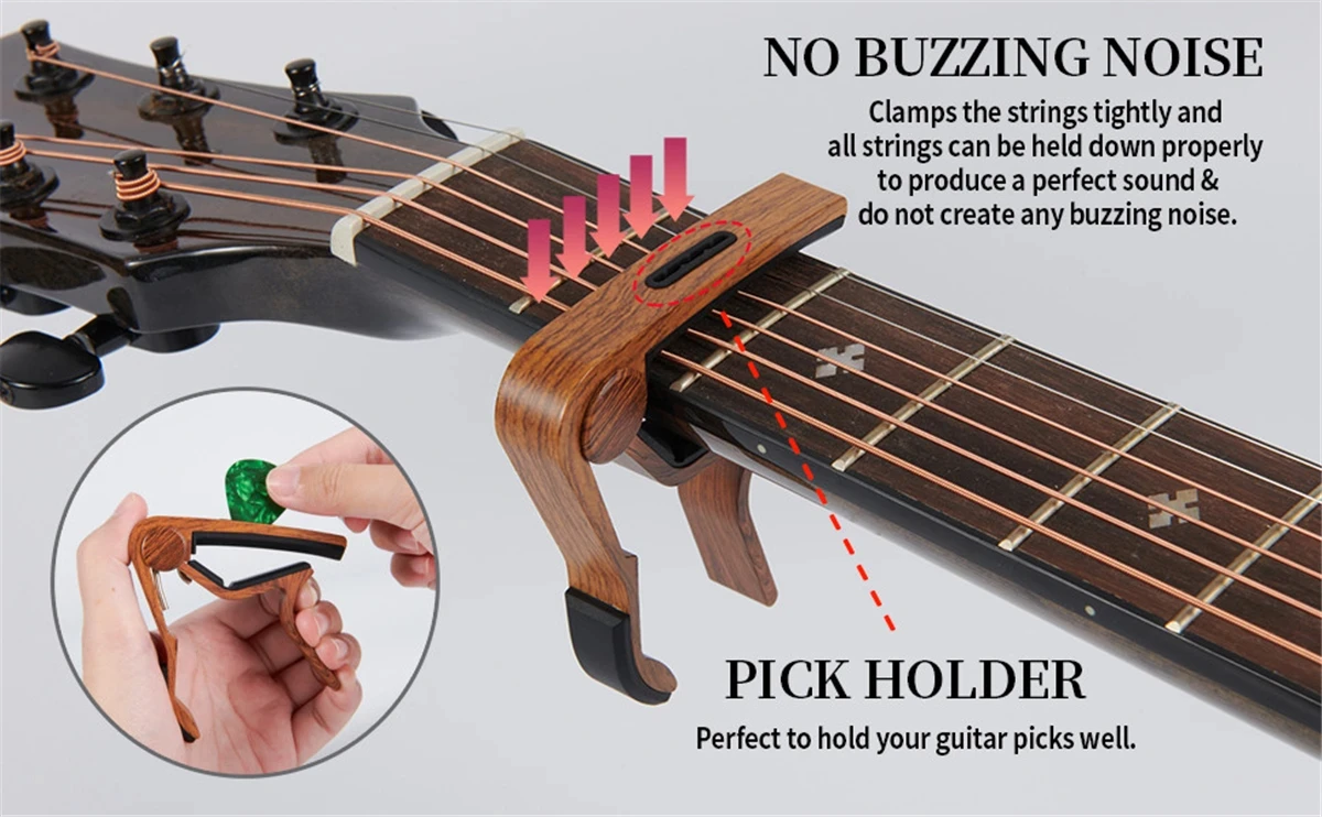 Guitar Capo Adjustment Clip Excellent Metal Picks Holder for Acoustic Electric Guitars Bass Ukulele with 4 Picks