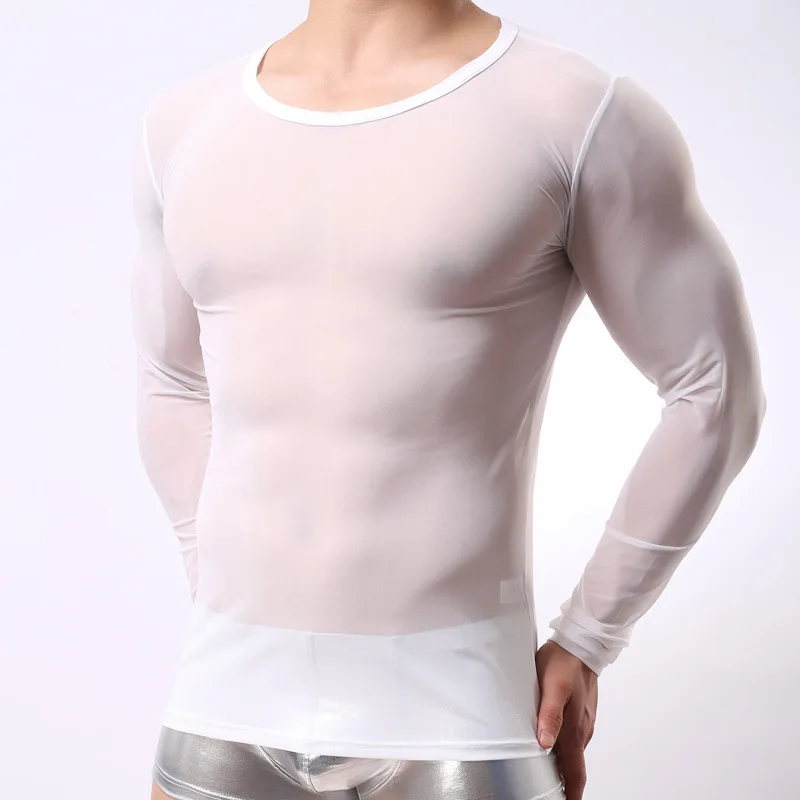 Men's Transparent Mesh Long Sleeve Tops Gay Night Club Clothing Gauze Tights T Shirts Black White See Through Undershirt