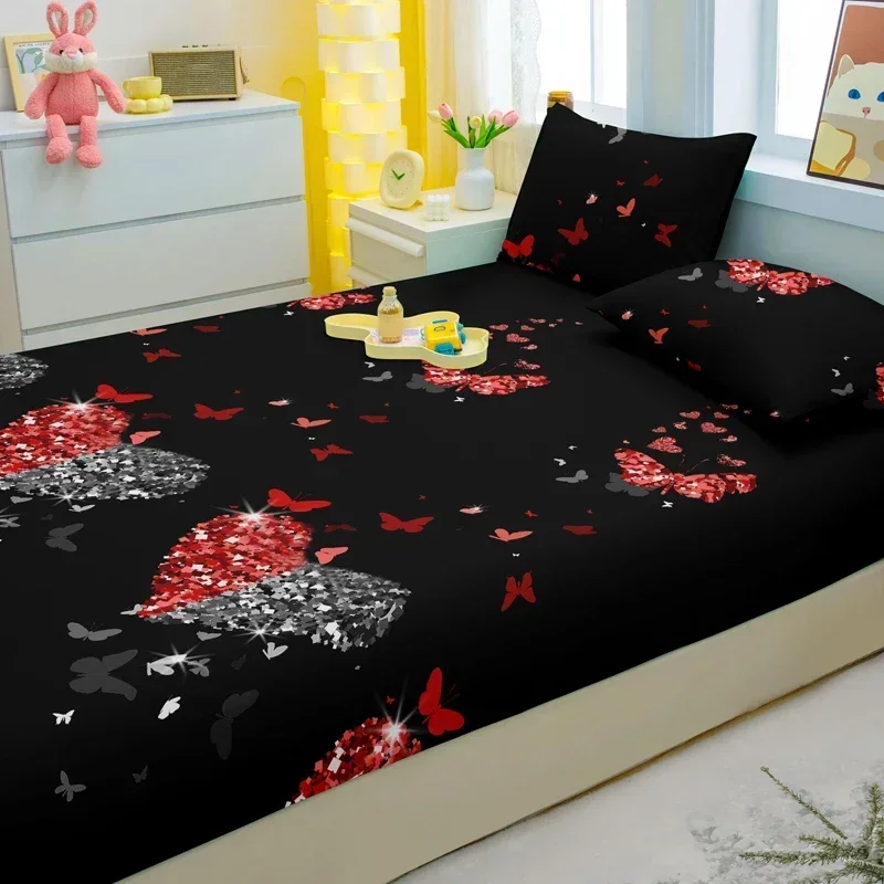 1 Simple Modern Heart-Shaped Printed Matte Fitted Sheet, Bedroom Printed Bed Cover, Bedding (Excluding Pillowcases) 4