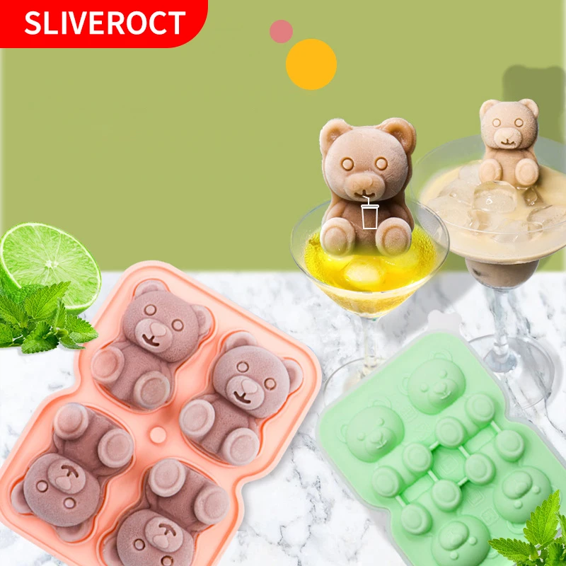 4 Grid Bear Ice Cube Tray Mold Silicone Odourless Cartoon Whiskey Cocktail  Bar Wine Drink Coffee Ice Cream Box Kitchen Maker - AliExpress