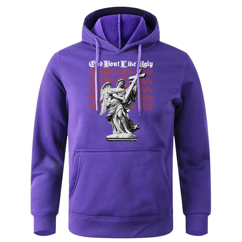 

Modern Style Sculpture With Wings Holding A Cross Hoodies Men Fleece Warm Hoody Classic Retro Tracksuit Novelty Fashion Hooded