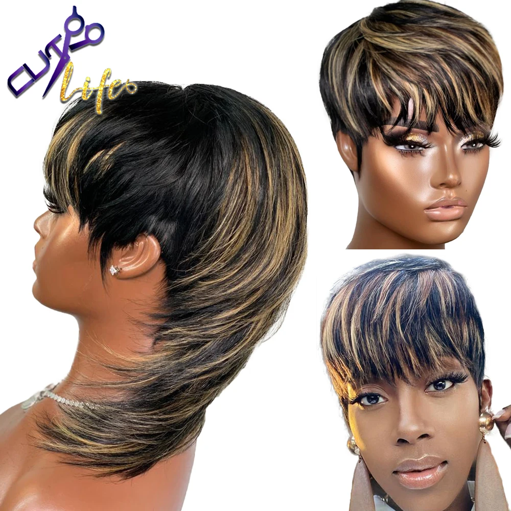 Short Pixie Cut Wigs Wear And Go Full Machine Wig With Bangs Dovetail Straight Highlight Blonde Remy Human Hair Mullet Wigs