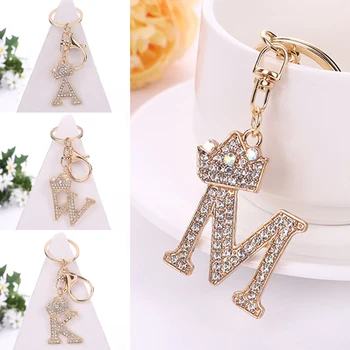 Fashion Rhinestone 26 Letter Keychain Luxury Crown Metal Keyring for Women Girls Car Handabg Phone Pendant Charm DIY Accessoreis