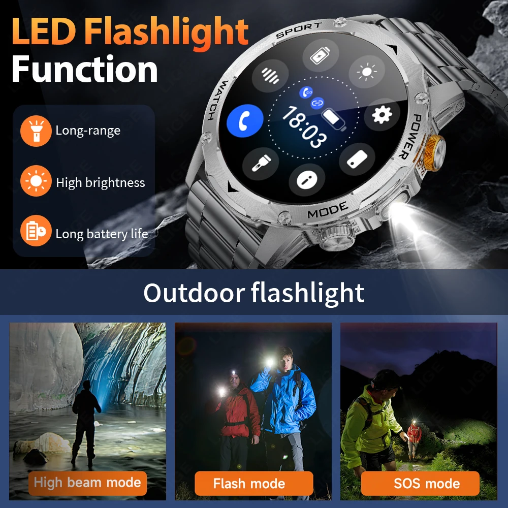 LIGE Smart Watch Outdoor 1000mAh Long Standby Smartwatch Man LED Flashlight Waterproof Heart Rate Sport BT Call Smartwatches Men