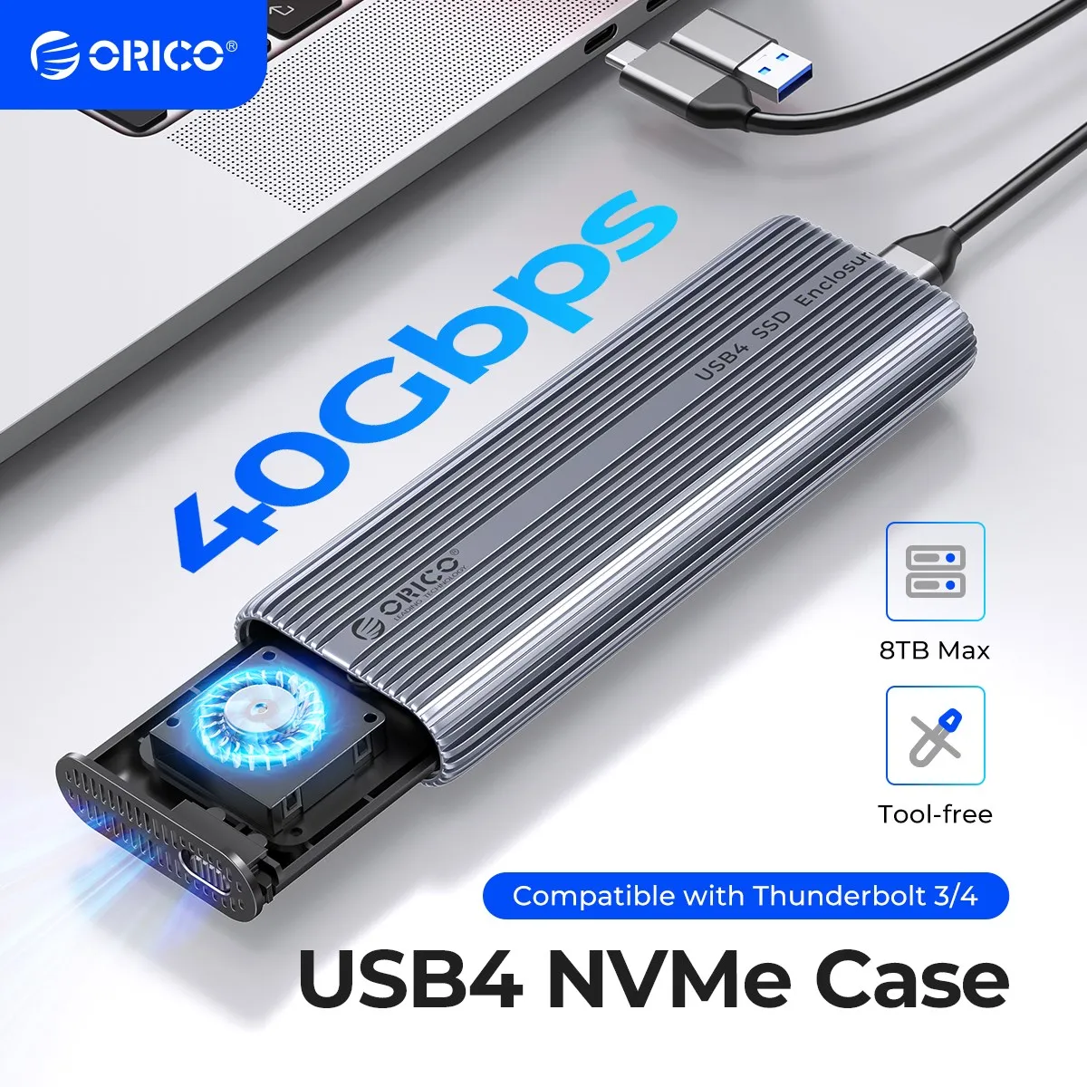 Obudowa NVMe SSD ORICO 40Gbps M.2 z wentylatorem chłodzącym USB4 PCIe3.0 aluminiowa kompatybilna z piorunami 3/4 bez narzędzi 8TB dla Mac