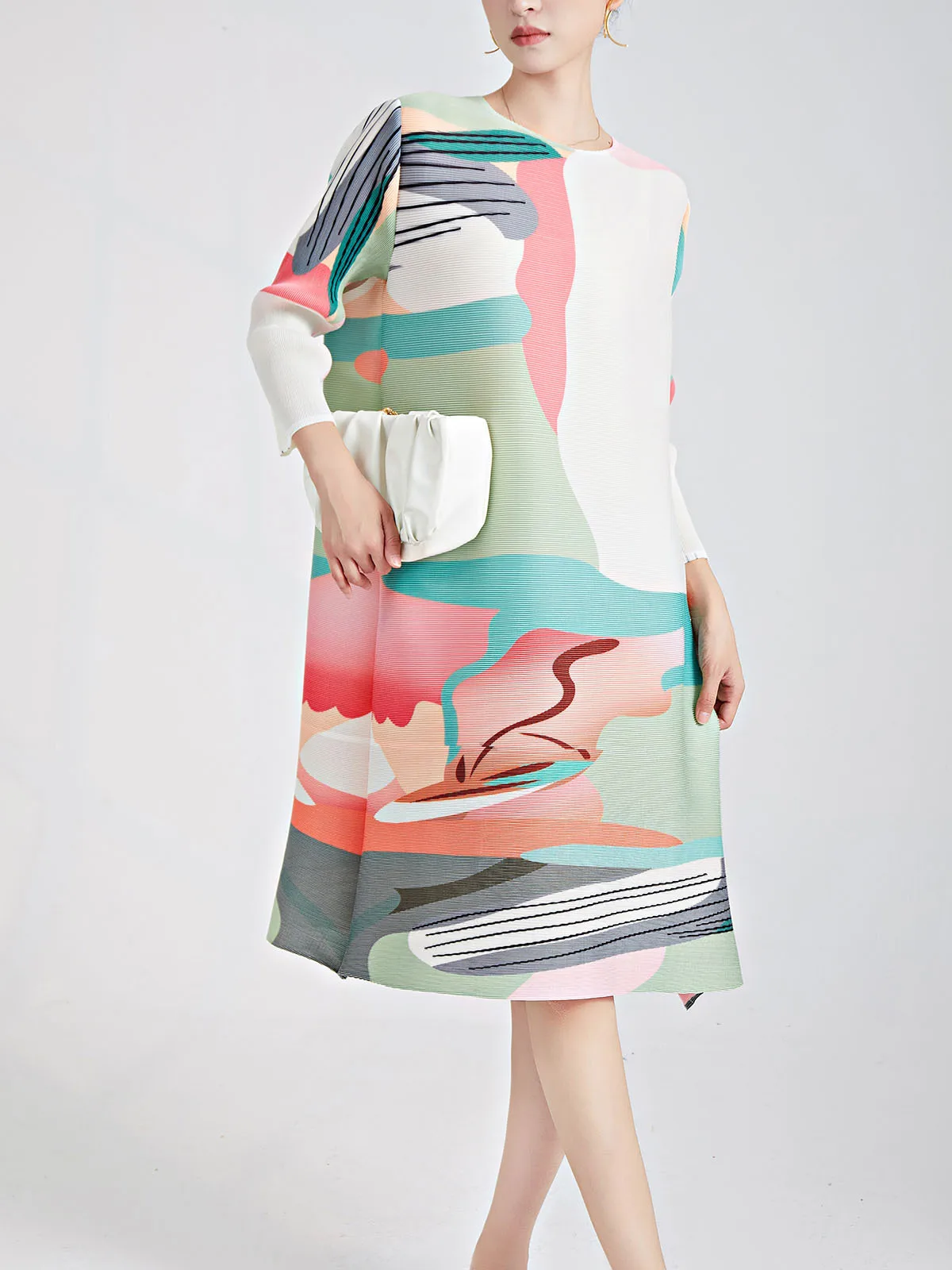 

Fashionable Pleated Dress Summer Women's Loose Large Size Round Neck Long Sleeve Midi Mother's Elegant Dress