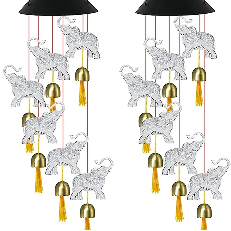 

2X Solar Elephant Wind Chimes,Hanging Light With Bells,Color Changing Waterproof Wind Chimes