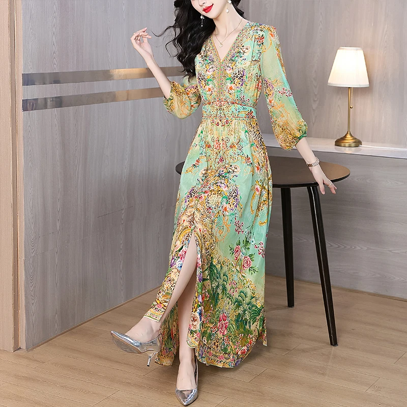 Summer 2025 Luxury Silk Diamonds Maxi Dress Women's Vintage Print Elegant  Evening Prom Dress Spring Holiday Boho Hepburn Vestido - AliExpress