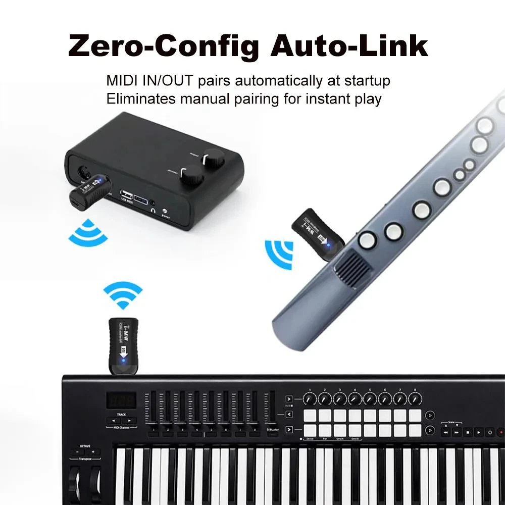 MIDI Controller MIDI Wireless Adapter Miwayer 2.4GHz Wireless MIDI Adapter Ultra-Low Latency 48H Battery 10m Range for Guitar All MIDI Instruments