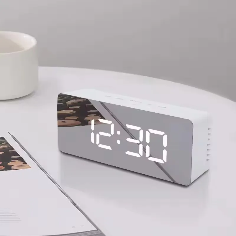 White LED Mirror Digital Table Clock with Snooze and Night Light