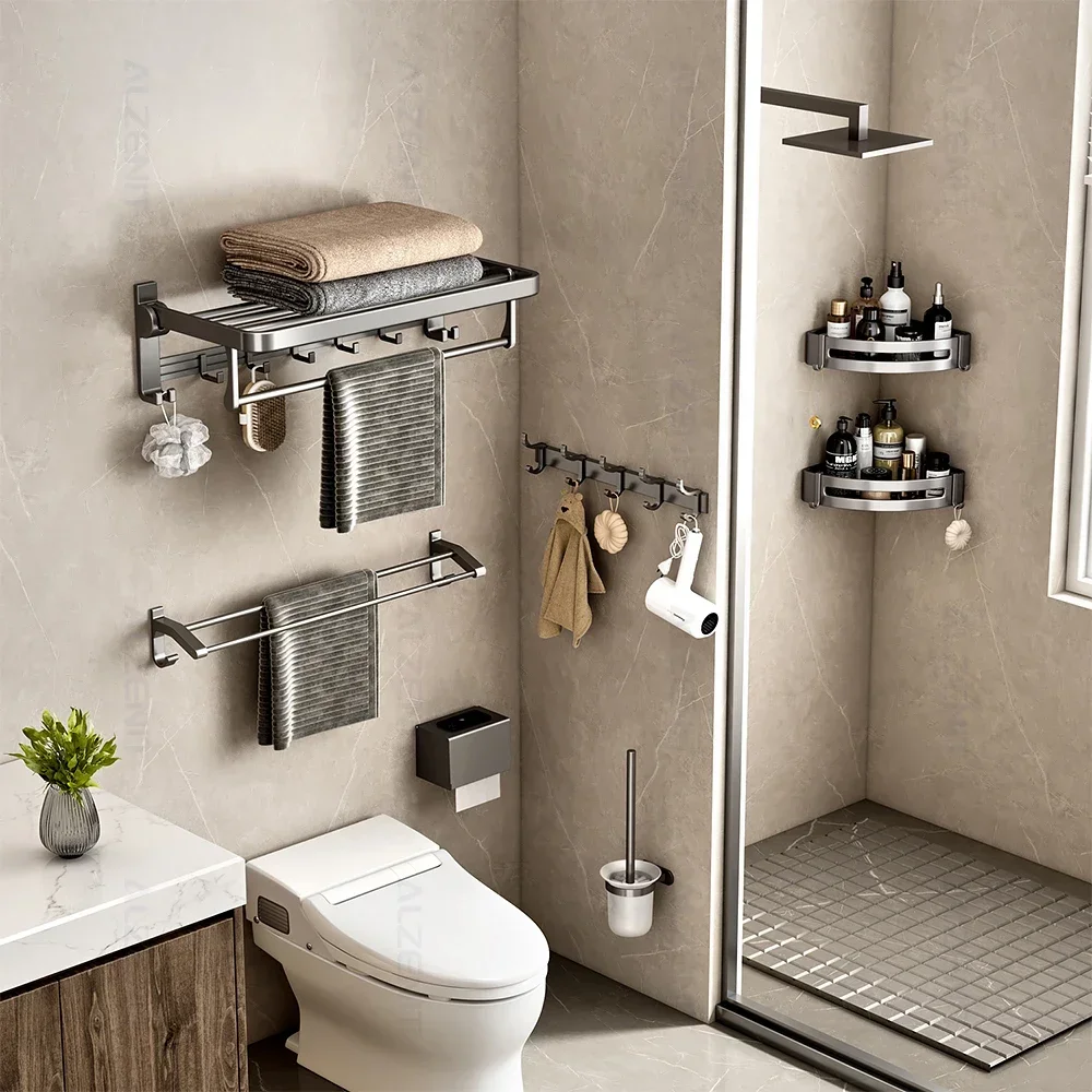 Towel Rack Towel Holder Bathroom Hardware Set Towel Hanging Clips Towel Hooks Space Aluminum Towel Rack 40-60CM Gun Gray Holder Movable Hook Wall Mount Shelf Shower Rail Hanger With Bar Bathroom Accessories