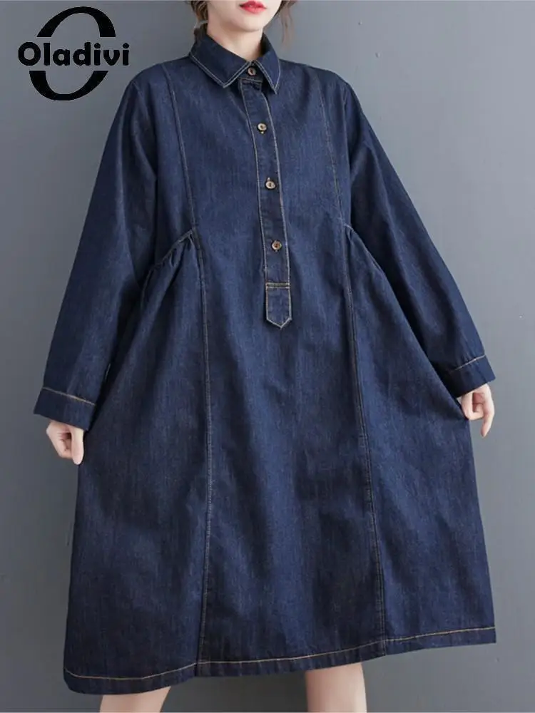 

Oladivi Large Size Women Long Sleeve Denim Dress 2022 Spring Autumn New Casual Loose Jean Dresses Ladies Oversized Clothing 3607