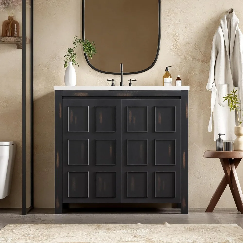 36" Bathroom Vanity Combo with Ceramic Sink,Pedestal Sink Cabinet with 2 Soft-Close Doors, SolidWood Bathroom Cabinet, Vintage 2