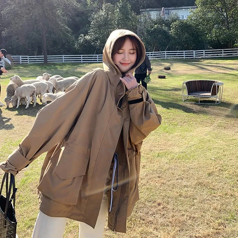 Tooling Trench Coat Female 2022 Spring and Autumn Long BF Hong Kong Style Korean Version Loose Casual Hooded Charge Clothes X483