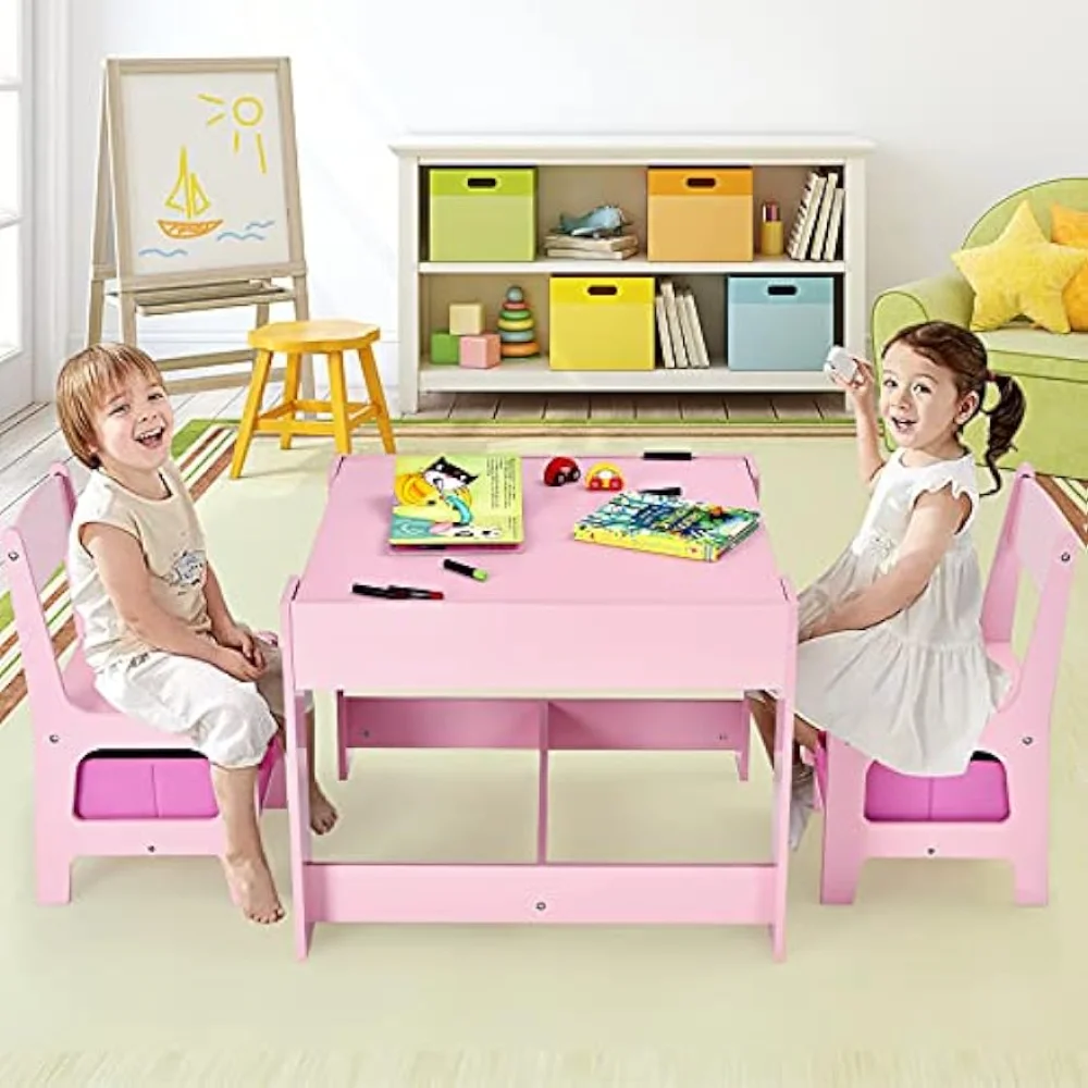 Costzon Kids Table and Chair Set, 3 in 1 Wooden Activity Table with Storage Drawer, Detachable Tabletop for Children