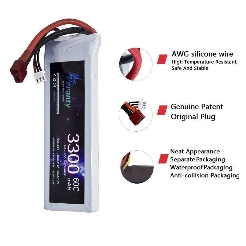 Connecteurs de la batterie Lipo 11.1V 2200-3300mAh 45C-60C pour drone RC en gros plan, détails de qualité.