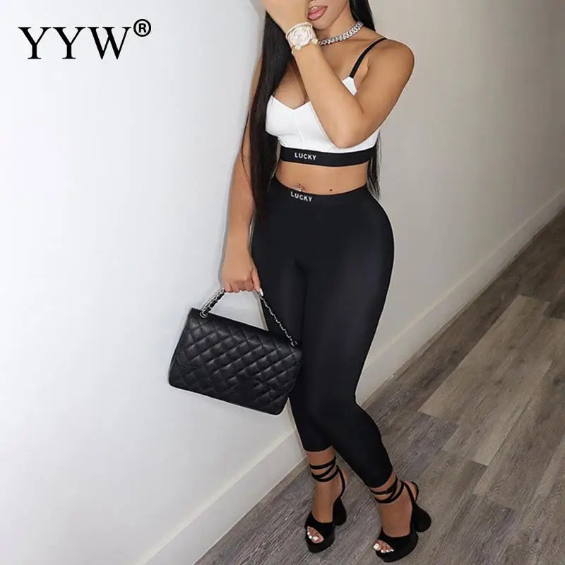 Summer Halter Vest High Waist Bodysuit Two Piece Set For Women Lucky Letter Print Casual Suit Sports Underwear Yoga Fitness Suit