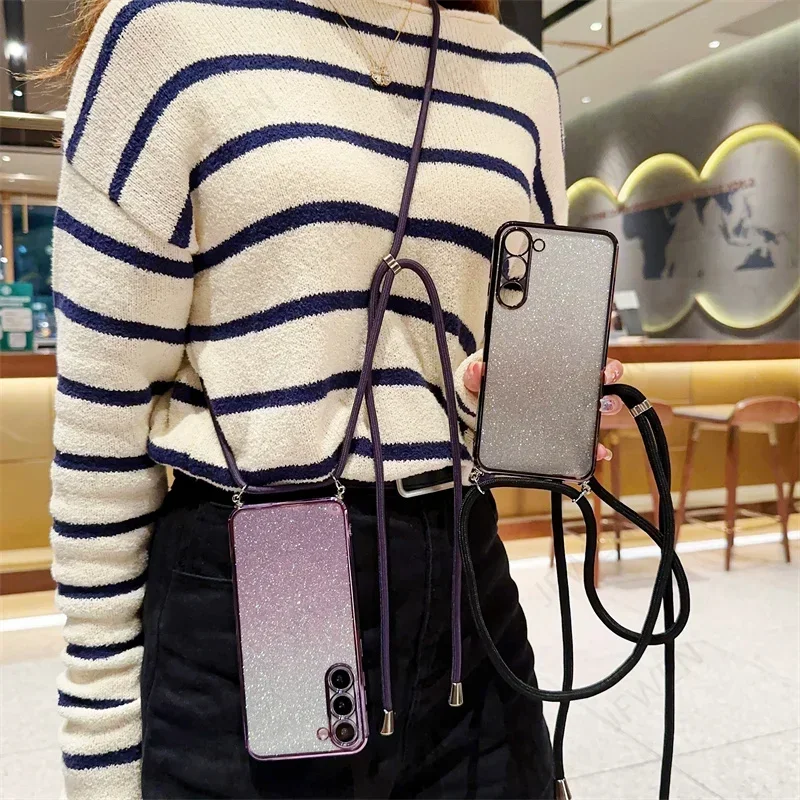 Glitter Crossbody Lanyard Silicone Soft TPU Phone Case - Stylish and Protective Back Cover