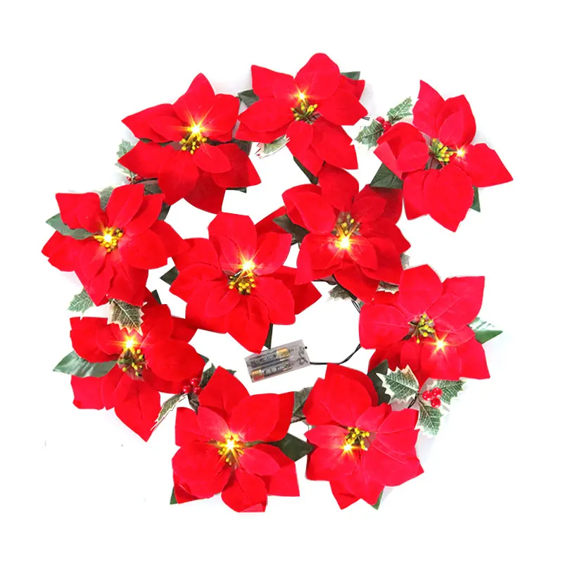 Christmas Poinsettia Garland Artificial Flower Xmas String Light Outdoor Holiday Decor Battery-operated New Year's Decorations