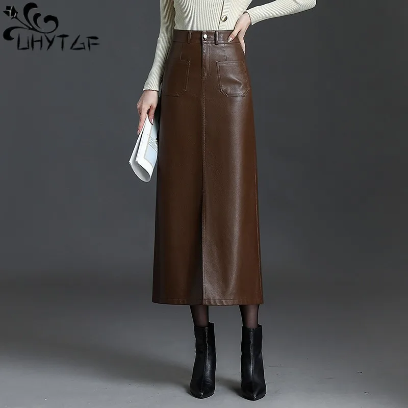 

UHYTGF PU Leather Skirt Women's New Autumn Winter Slit High Waist Pocket Fashion All Match Mid Length Female Bag Buttock Skirts