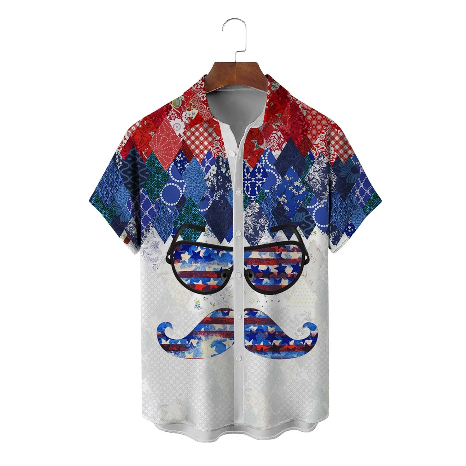 

Men's Summer Independence Day Fashion Leisure Beach Beach Digital 3D Print Button Short Sleeve Beachwear Camisas De Hombre