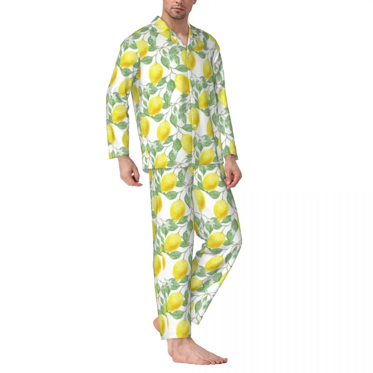 

Lemon Tree Pajamas Men Flower Floral Print Cute Room Sleepwear Autumn 2 Pieces Aesthetic Oversize Design Pajama Set