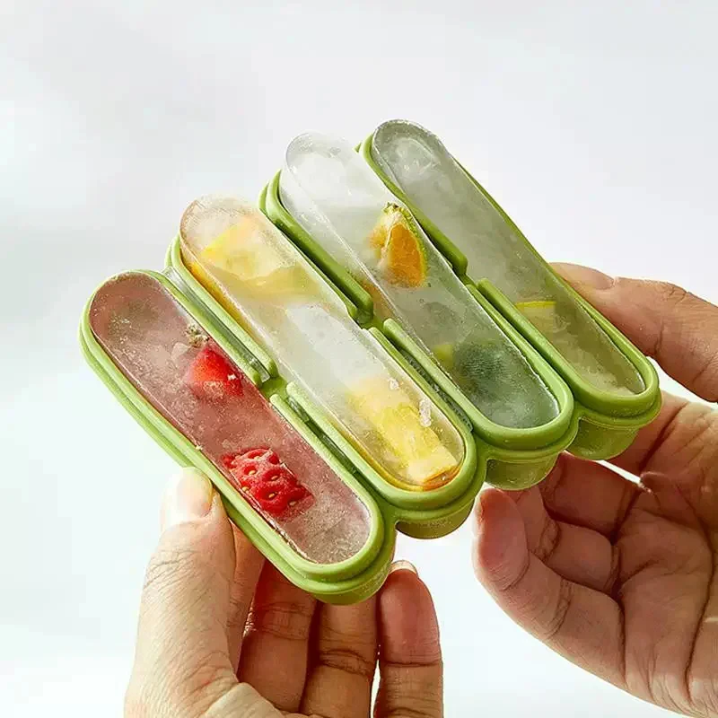뚜껑이 있는 4칸 재사용 가능 실리콘 아이스 트레이, 수제 아이스크림 몰드, 냉장고용 식품 냉동 용기 및 용품
