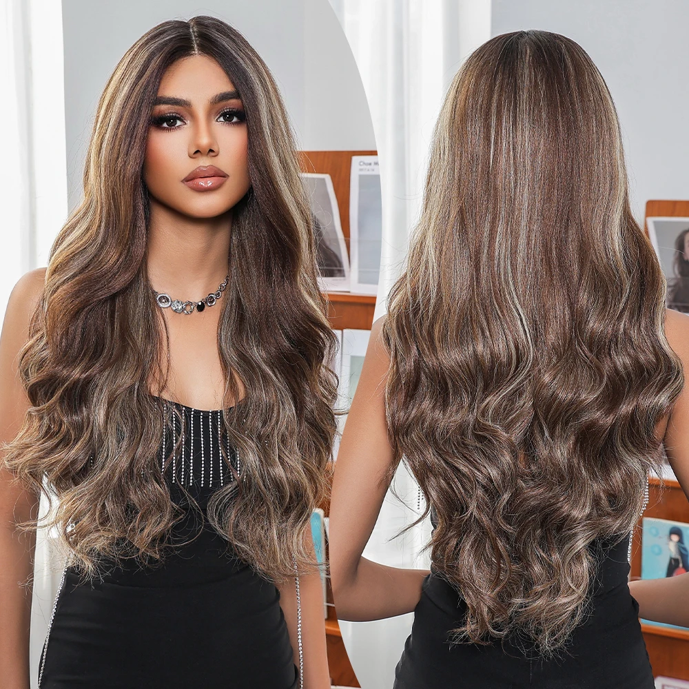 

Lace Front Synthetic Wigs Long Body Wave Purple Brown Mixed Blonde Hair HD Transparent Lace Brazilian Wigs for Black Women Afro