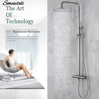 Brushed Nickel Thermostatic Shower Faucets Sets Wall Mount Brass Bathroom Mixer Rainshower Faucet Rainfall Shower Systems Thermo 1