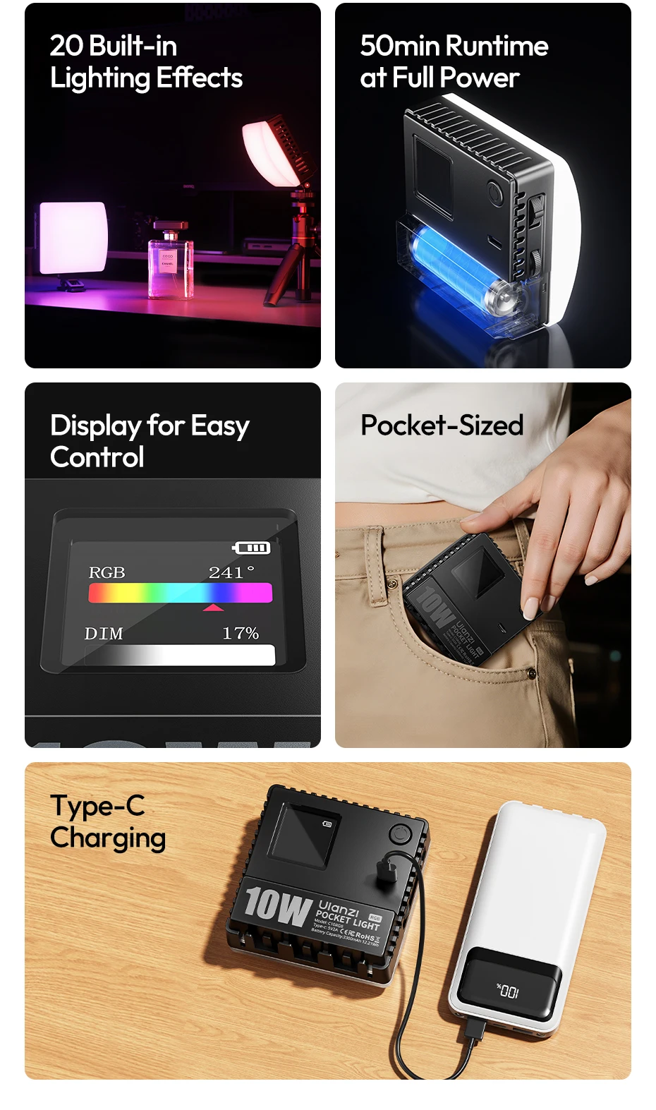 Pocket Power 10W RGB Video Light Fill Light for Smartphone Camera Laptop Tripod