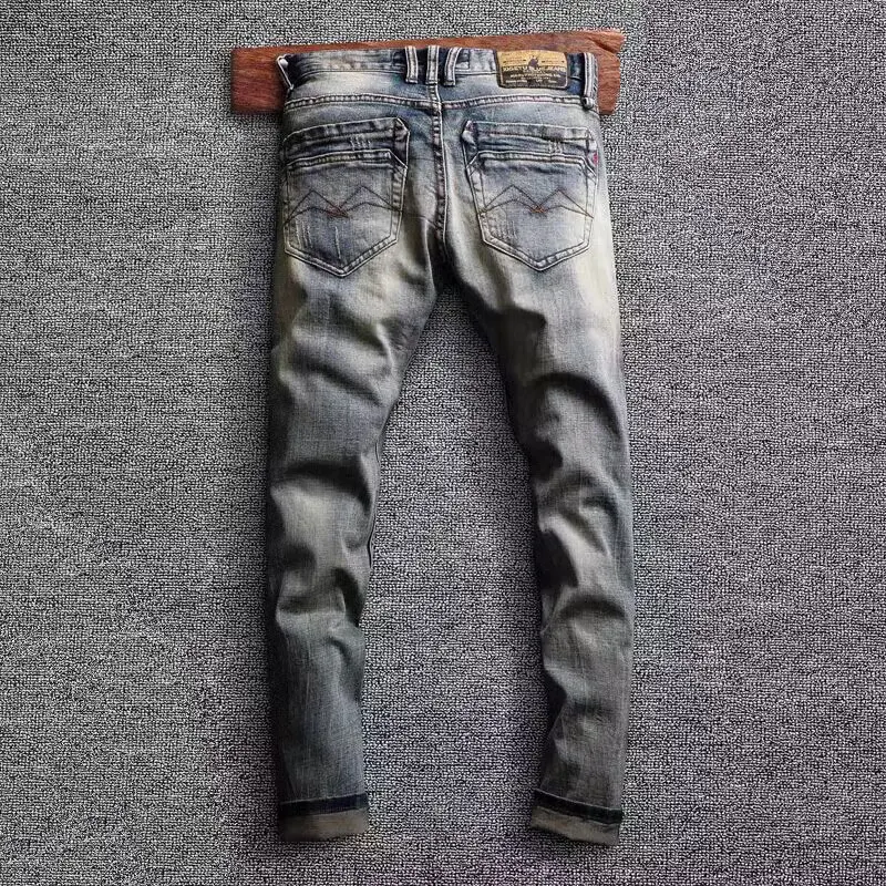 Fashion Streetwear Men Jeans High Quality Retro Washed Blue Stretch Slim Fit Ripped Jeans Men Vintage Designer Denim Pants Homme