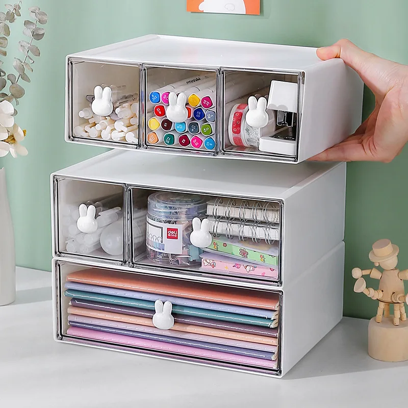 Desktop Storage Box Rabbit Desktop Storage Boxes Multi Grids Stationery Organizer Drawers Transparent Desk Storage Office Cute Stationery